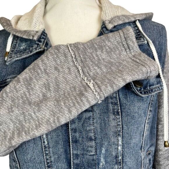 Free People Denim Knit Sleeve Hoodie Jacket Women's Size Medium - Picture 3 of 16